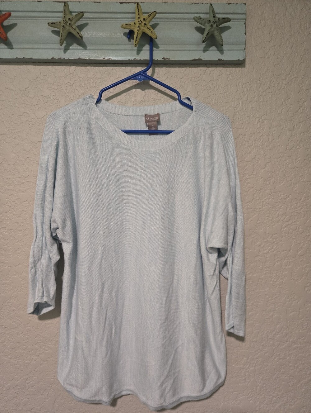 Chicos Womens Light Blue Textured Knit Dolman 3/4 Sleeve Sweater Top Size 2 L